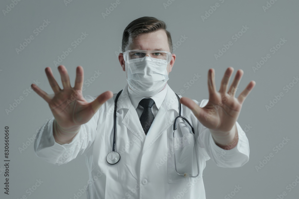 Professional Doctor in Protective Mask Making Stop Gesture with Hands Professional Doctor in Protective Mask Making Stop Gesture with Hands