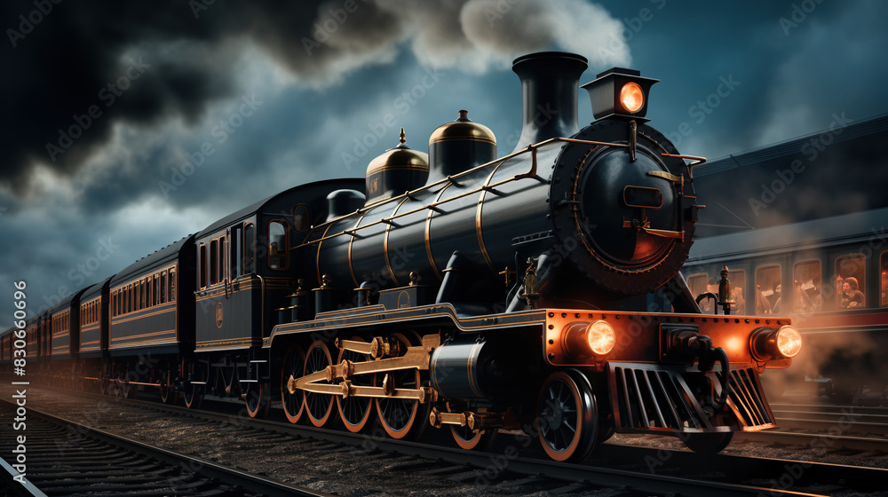 Naklejka premium A Steam Train Chugging Through a Snow Covered Forest