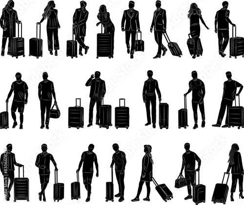 people with suitcases, vacation, travel, set of silhouettes, collection of people who go on vacation