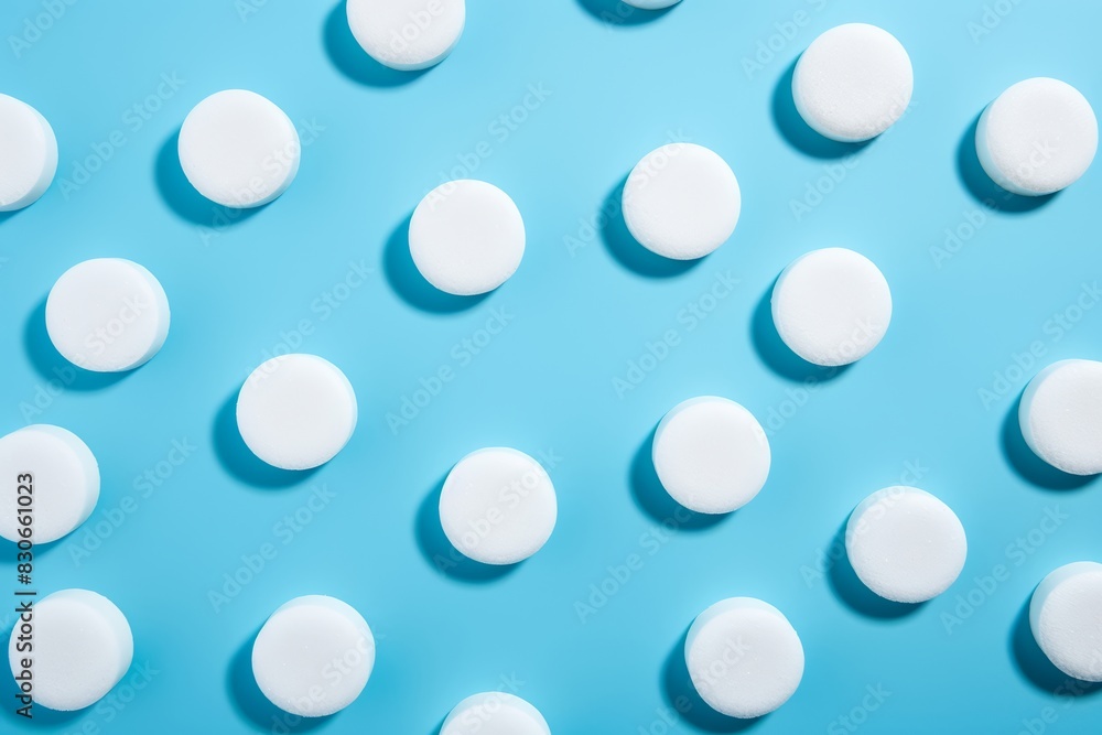 A sugar substitute tablets arranged in a pattern on a bright blue surface A sugar substitute tablets arranged in a pattern on a bright blue surface