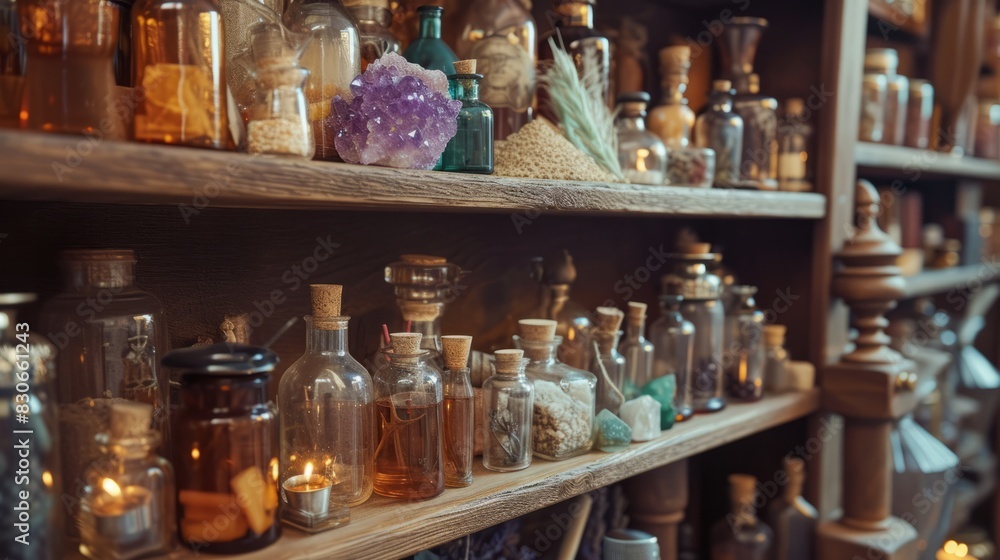 Illustration of occult magic magazine and shelf with various potions, bottles, poisons, crystals, salt. Alchemical medicine concept Illustration of occult magic magazine and shelf with various potions, bottles, poisons, crystals, salt. Alchemical medicine concept