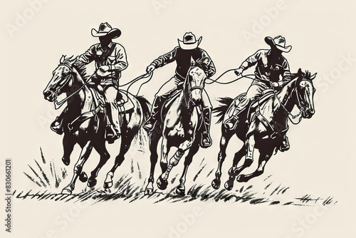 Energetic Cowboy Rodeo Scene with Galloping Horses and Lasso Techniques