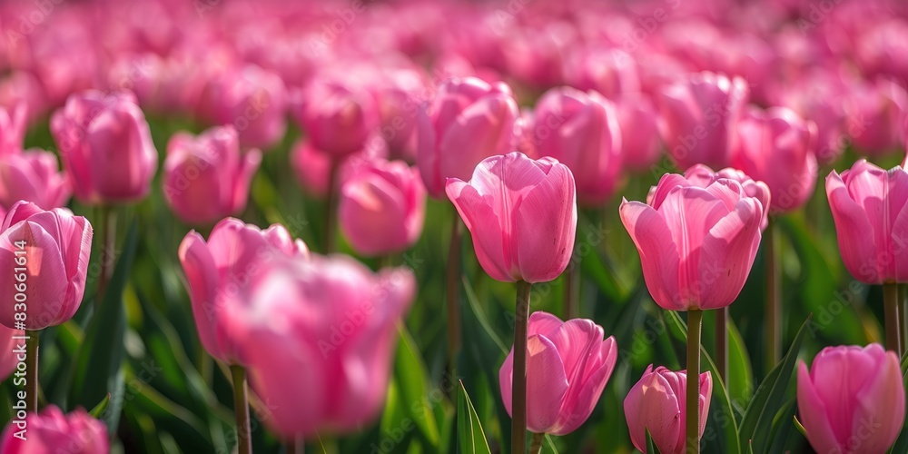 Endless rows of blooming pink tulips create a striking patter Endless rows of blooming pink tulips create a striking patter