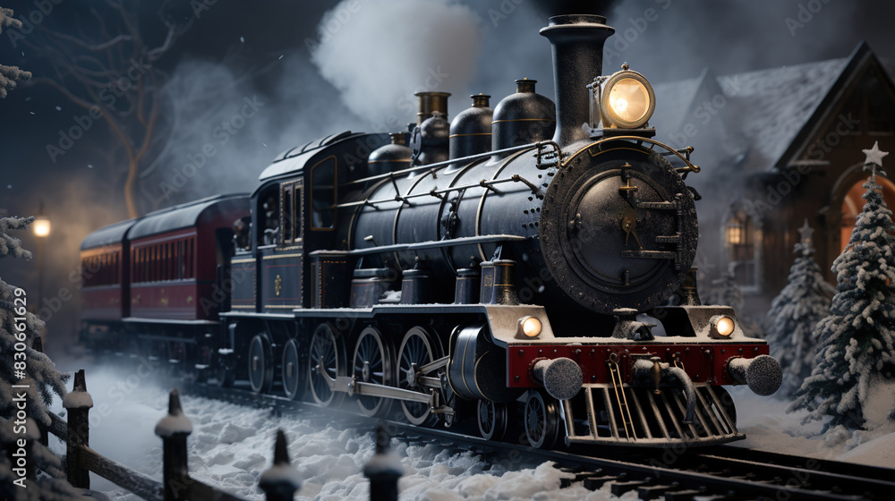 Naklejka premium A Steam Train Chugging Through a Snow Covered Forest