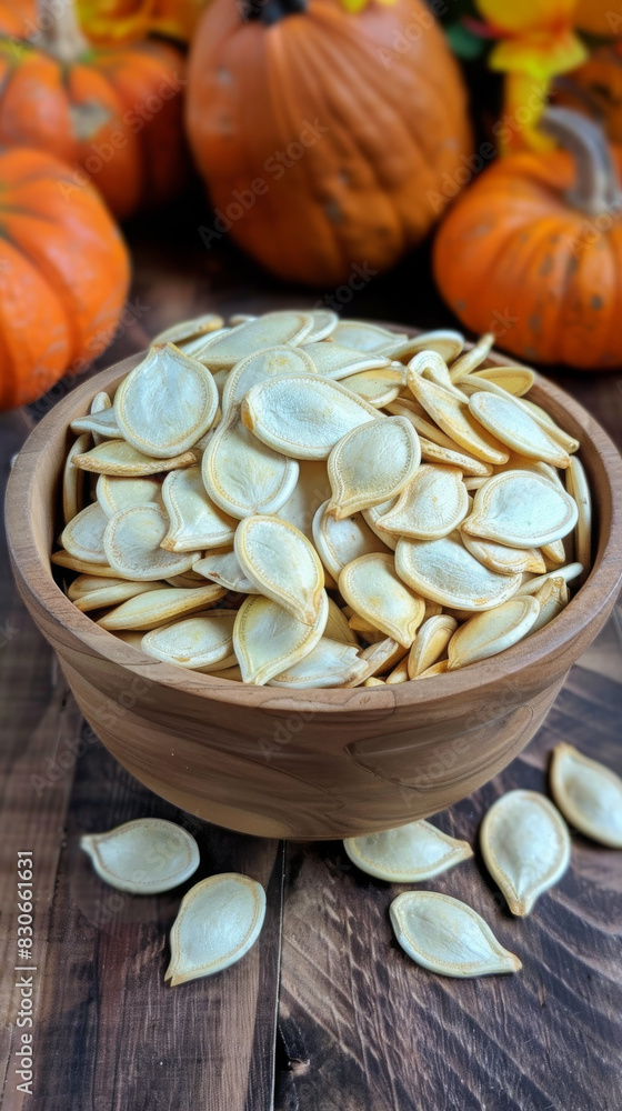 Fresh Pumpkin Seeds in Wooden Bowl with Autumn Pumpkins in Background Fresh Pumpkin Seeds in Wooden Bowl with Autumn Pumpkins in Background