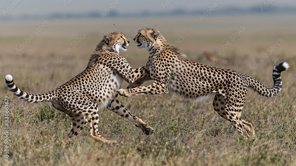 Two cheetahs are fighting over each other's territory. fight bravely in the wild Two cheetahs are fighting over each other's territory. fight bravely in the wild