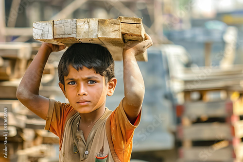 A young boy works in harsh conditions at a construction site, carrying heavy wooden planks on his head, reflecting child labor, poverty, and the challenges faced by child workers photo