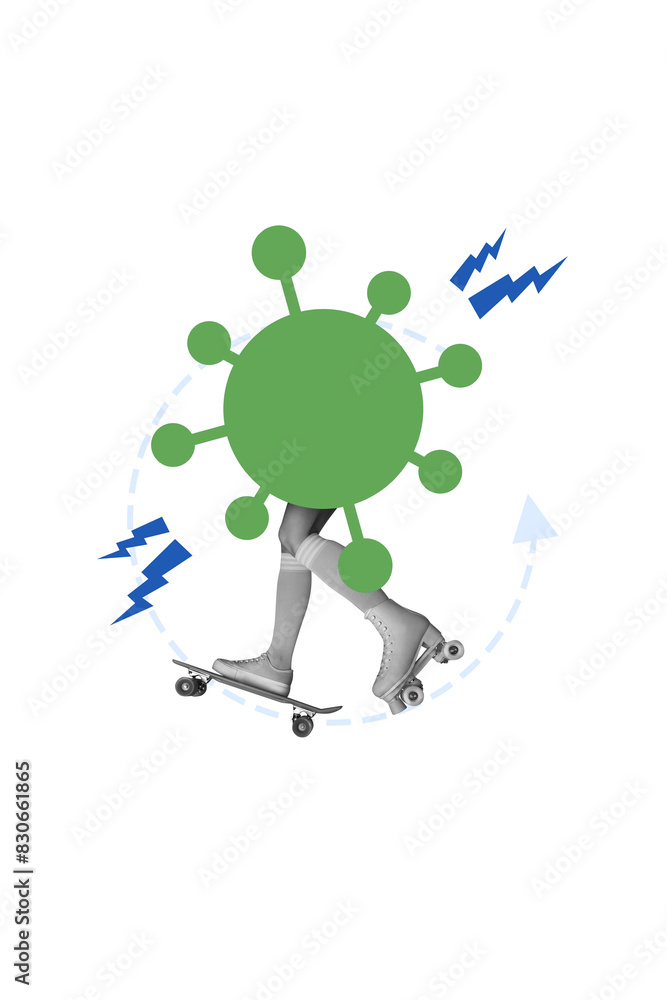 Fototapeta premium Vertical picture artwork medical concept collage microbe bacteria illness outbreak sickness ride skateboard isolated on white background