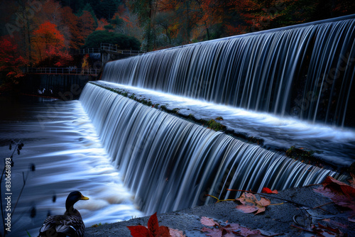 Autumn Serenity at a Cascading Waterfall with Duck in Foreground photo