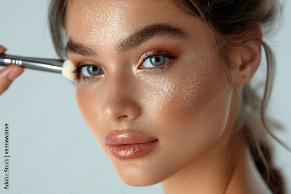 Young Asian woman with Contour and Highlight makeup sample,Young beautiful womman applying makeup using a brush,Professional Contouring face make-up over,Make up woman face. Young Asian woman with Contour and Highlight makeup sample,Young beautiful womman applying makeup using a brush,Professional Contouring face make-up over,Make up woman face.