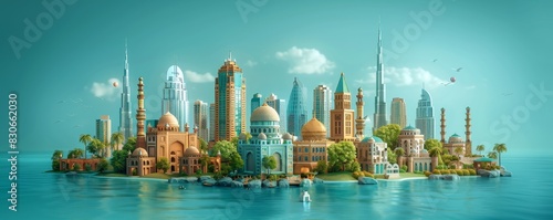Isometric 3D Dubai render showcases famous places and city vibe, centered on teal backdrop
