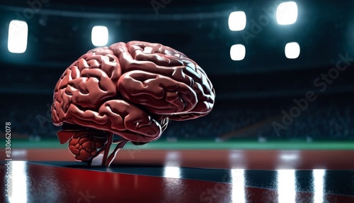 An anatomically accurate human brain sits on the floor of a sports arena under bright lights, emphasizing the concept of mental strength and sports psychology.. AI Generation
