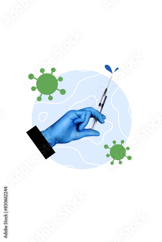 Fotografi Collage poster creative idea for medicine blue gloves doctor prepare syringe ant