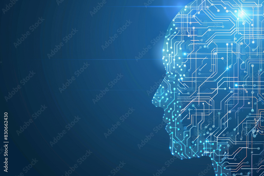 Digital Human Head Silhouette with Circuit Board Patterns on Blue Background Digital Human Head Silhouette with Circuit Board Patterns on Blue Background