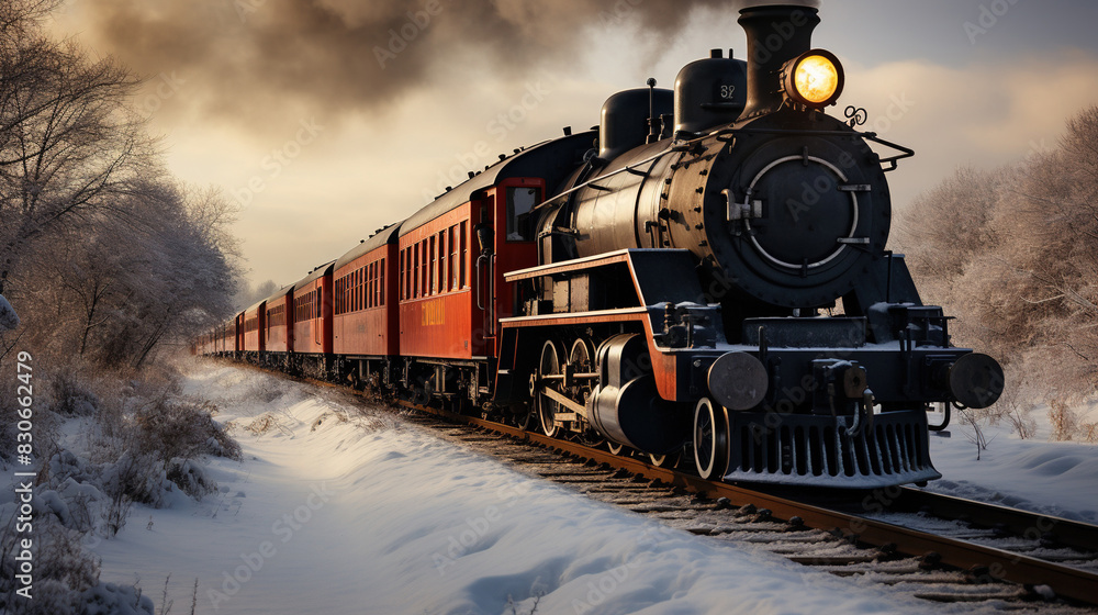 Obraz premium A Steam Train Chugging Through a Snow Covered Forest