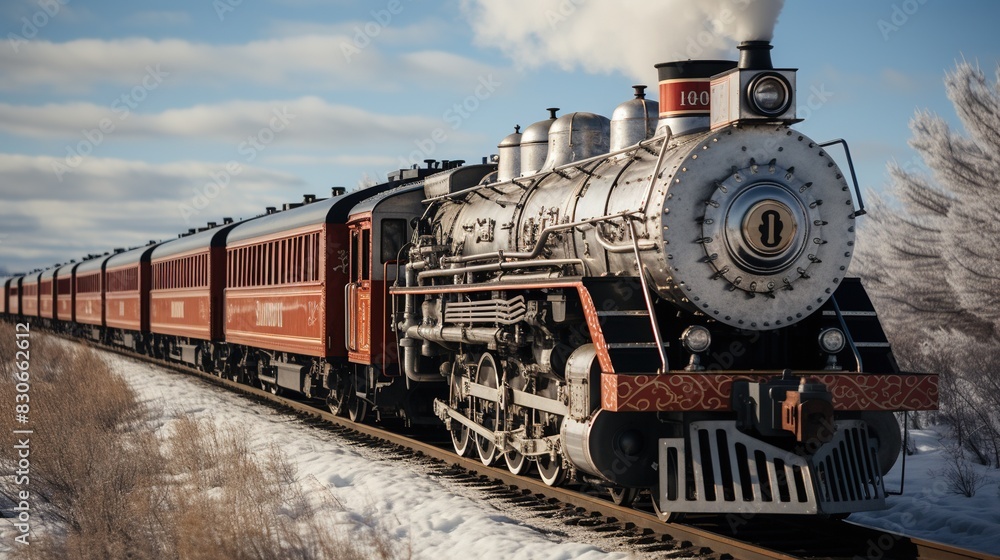 Naklejka premium A Steam Train Chugging Through a Snow Covered Forest