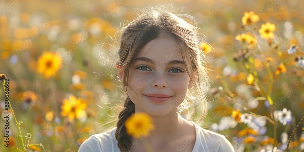 Preteen smiles at camera in wildflower field Preteen smiles at camera in wildflower field