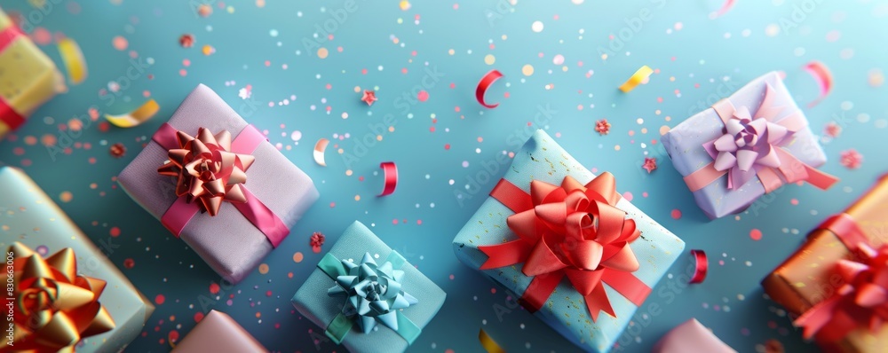 illustration of colorful gifts with ribbons and bows placed on blue background illustration of colorful gifts with ribbons and bows placed on blue background