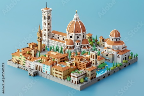 Isometric 3D render of Florence showcases iconic landmarks against a sky blue backdrop, conveying the city's charm and beauty photo