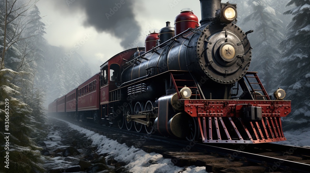 Naklejka premium A Steam Train Chugging Through a Snow Covered Forest