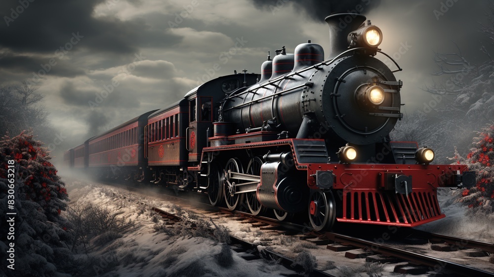 Fototapeta premium A Steam Train Chugging Through a Snow Covered Forest