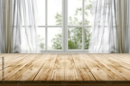 Serene Wooden Table Overlooking Bright Window with Flowing Curtains