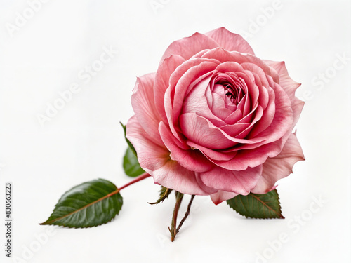 a pink rose with a green stem