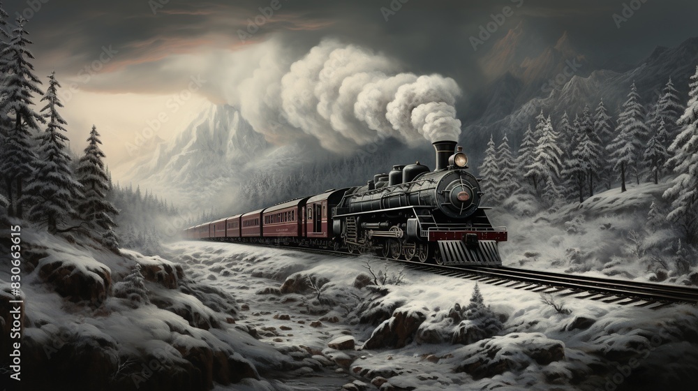 Obraz premium A Steam Train Chugging Through a Snow Covered Forest