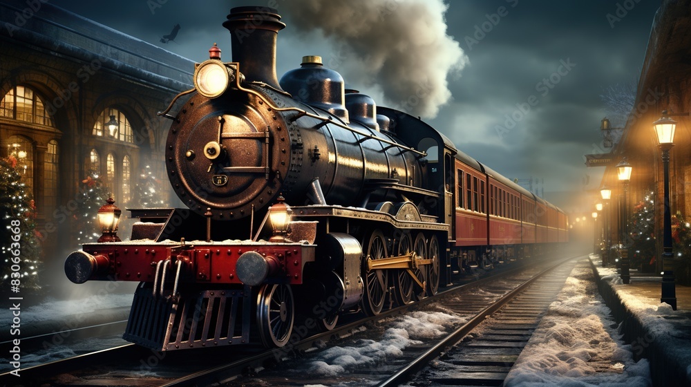 Naklejka premium A Steam Train Chugging Through a Snow Covered Forest