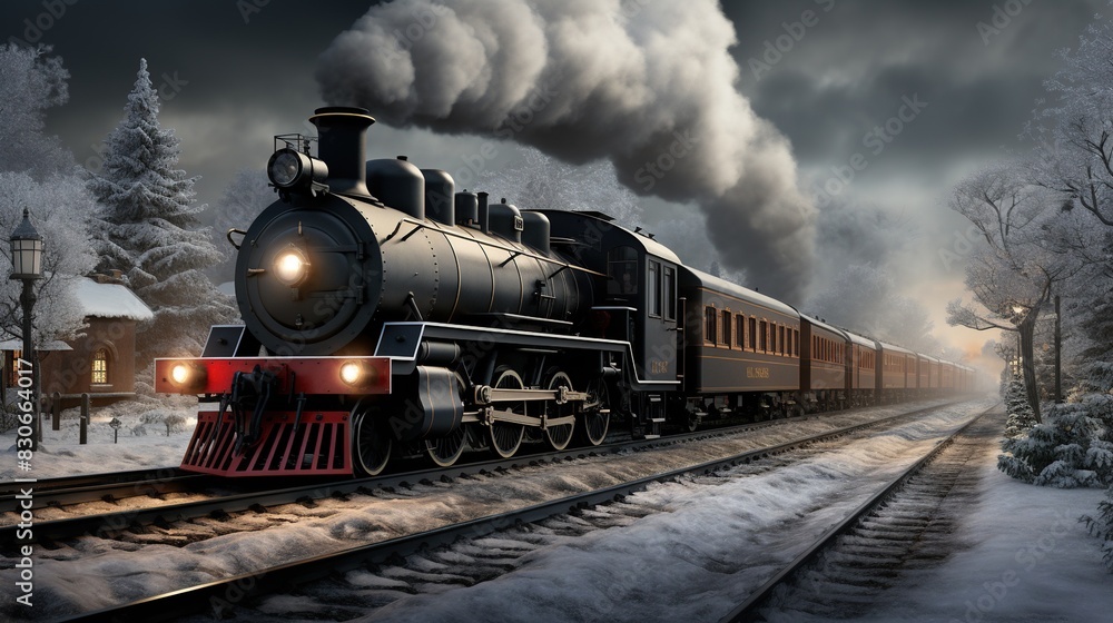 Obraz premium A Steam Train Chugging Through a Snow Covered Forest