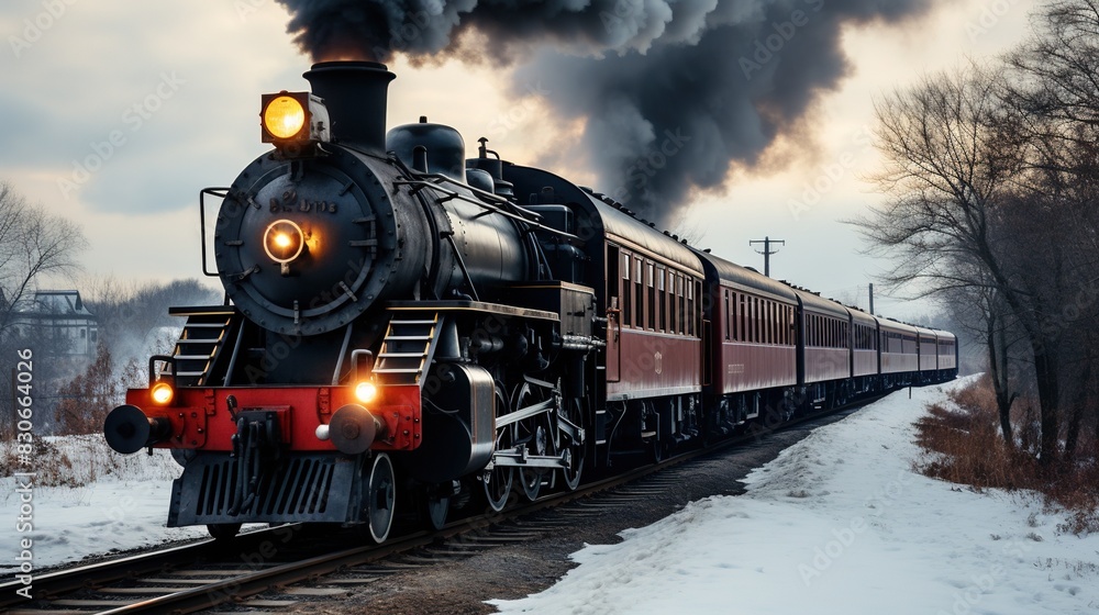 Naklejka premium A Steam Train Chugging Through a Snow Covered Forest