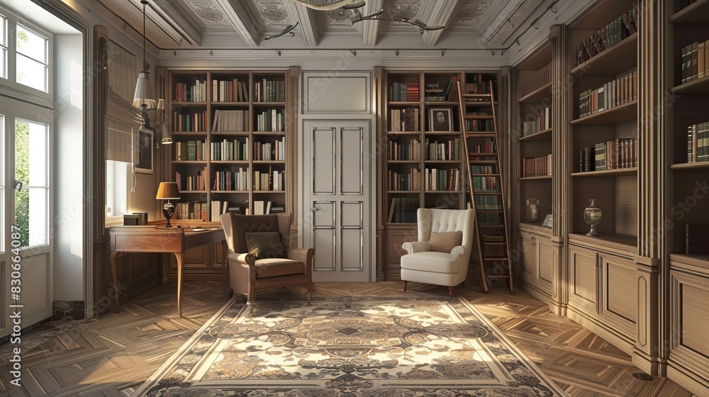 Interior of a luxurious old-fashioned library living room with ...