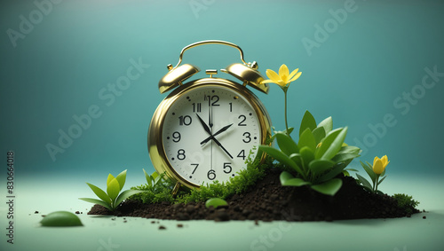 A silver alarm clock is sitting on a pile of dirt with a small plant growing up beside it.
