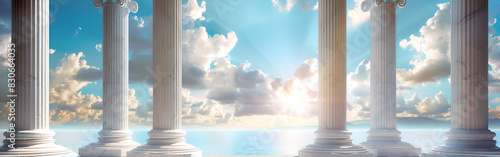 Showcasing ancient greek architecture with marble pillars and a blue sky backdrop with cloudy background photo
