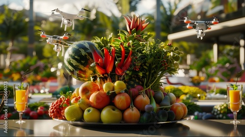  A vibrant display of exotic fruits and vegetables arranged in an eye-catching centerpiece on a sleek  modern dining table  with AI-powered drones buzzing around  offering freshly squeezed juices and 