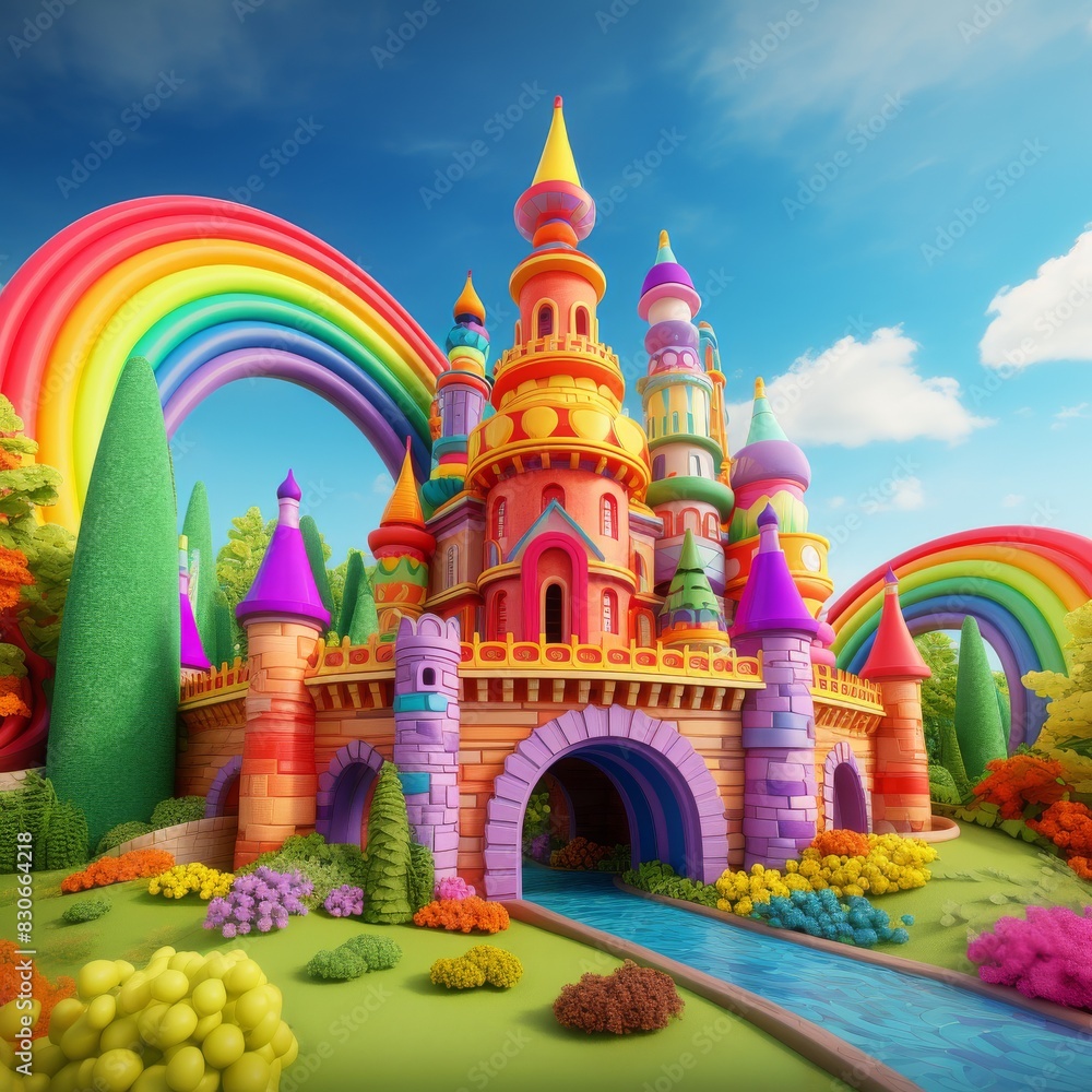 A vibrant 3D plasticine castle surrounded by rainbows, lush greenery, and colorful flowers under a clear blue sky. A vibrant 3D plasticine castle surrounded by rainbows, lush greenery, and colorful flowers under a clear blue sky.