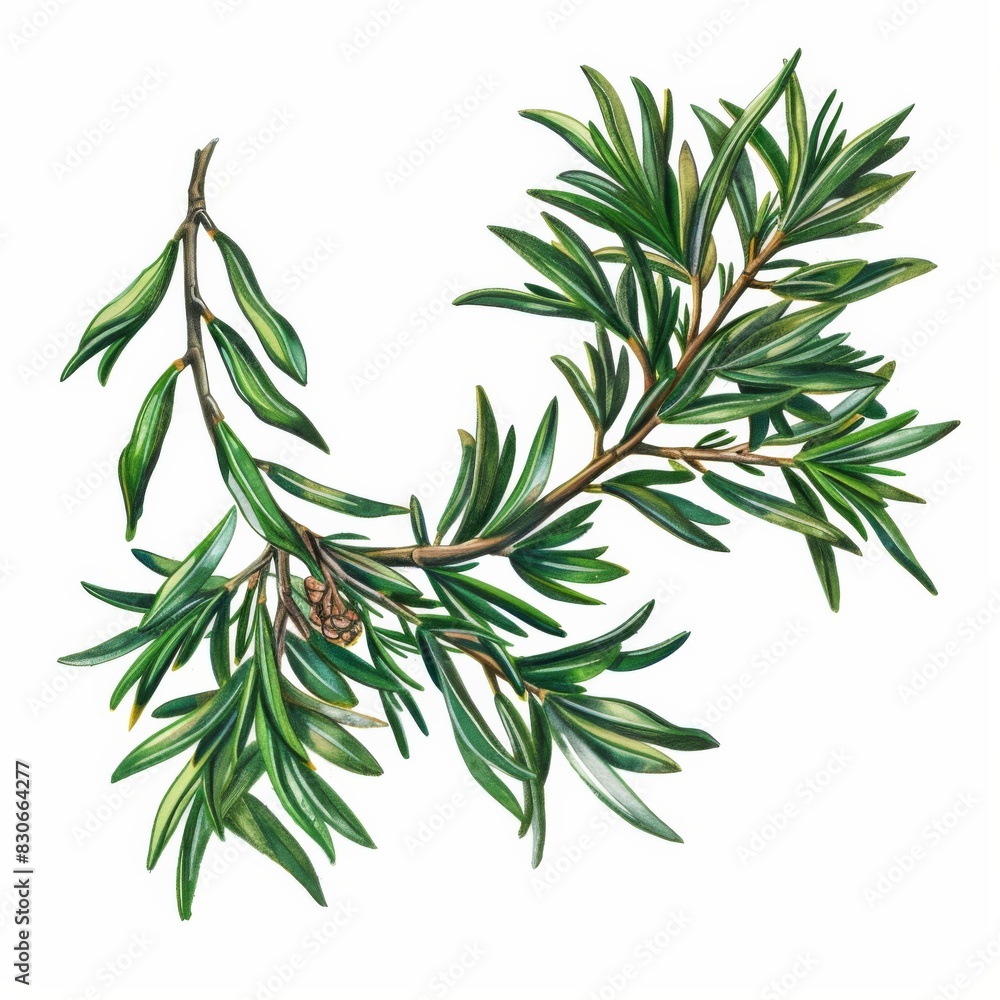 Fototapeta premium A vibrant Yew branch showcases lush green leaves fluttering gracefully against a white backdrop