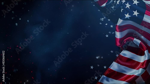 Happy 4th of July Independence Day. American flag over celebration fireworks. 4th of july celebration background with flag and fireworks. Concept of Fourth of July with Copy space area for text. 4K