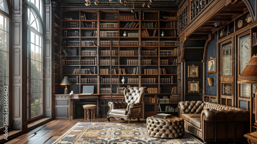 Interior of a luxurious old-fashioned library living room with beautiful tiles on the floor	
 photo