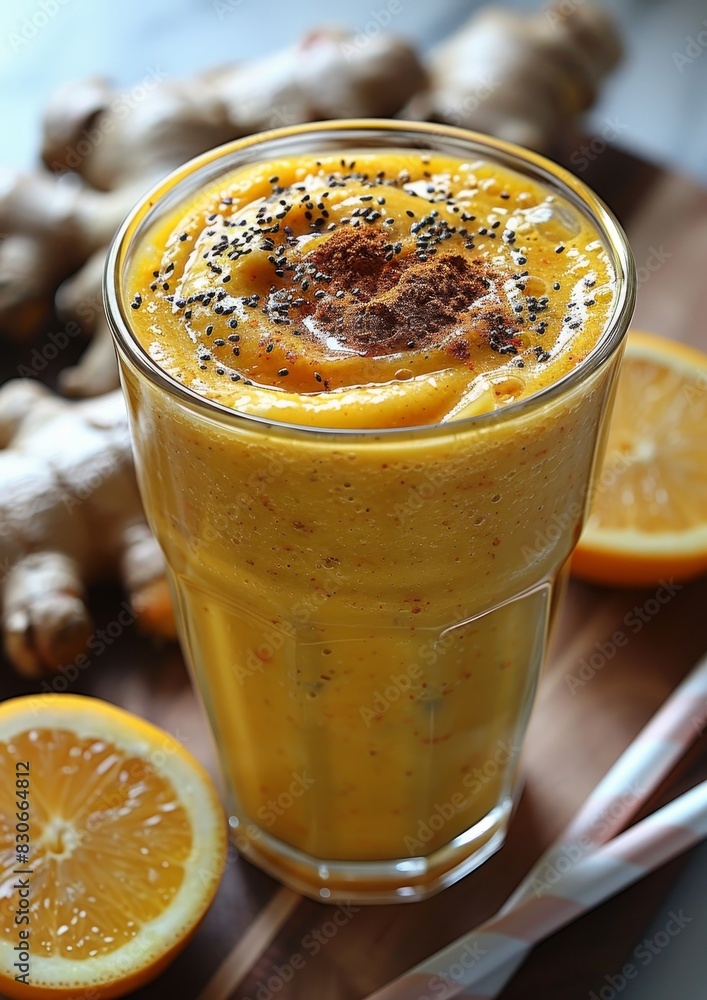 Ginger Turmeric Smoothie - Yellow with a sprinkle of turmeric and ginger slices. Ginger Turmeric Smoothie - Yellow with a sprinkle of turmeric and ginger slices.