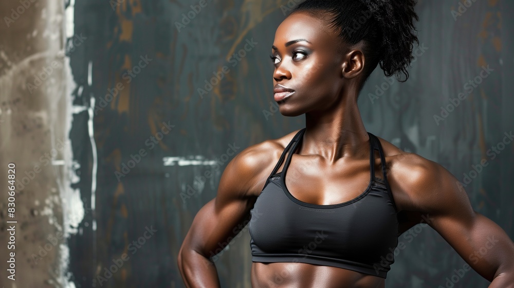 Obraz premium African American Female Fitness Model Showcasing Well-Defined Abs