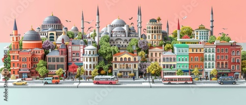 Cute isometric 3D render of Istanbul, capturing the famous places and atmosphere of this city, centered on a lavender solid color background photo
