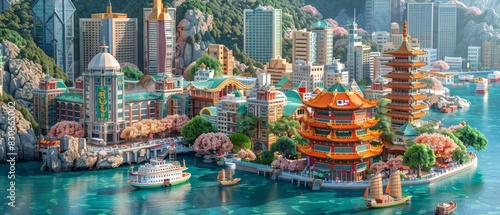 Adorable 3D Hong Kong render captures city's essence, centered on solid rose backdrop, featuring famous locales photo