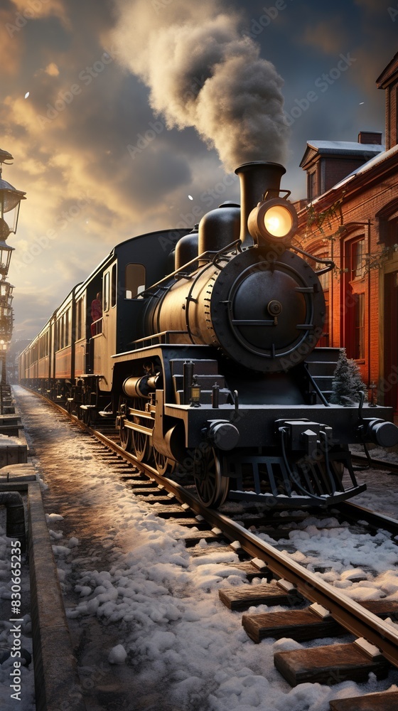 Naklejka premium A Steam Train Chugging Through a Snow Covered Forest