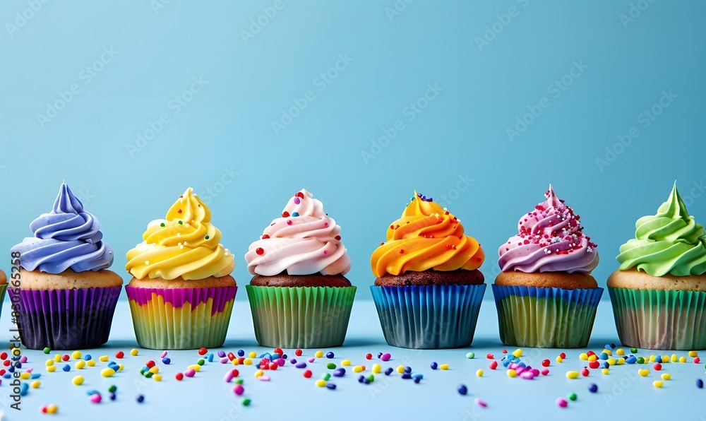 Colorful cupcakes lined up against blue background , Generative AI Colorful cupcakes lined up against blue background , Generative AI