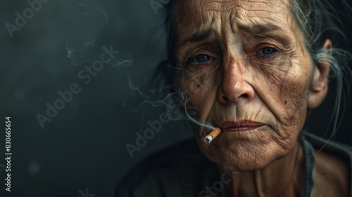 Old woman smoking with a sad expression, World No Tobacco Day