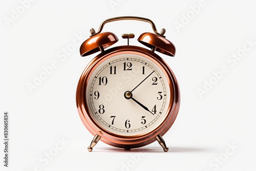 Vintage inspired alarm clock on white background, evoking nostalgia and classic charm