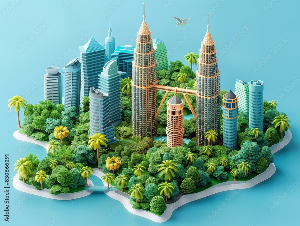 Obraz premium Isometric 3D Kuala Lumpur render showcases city's charm, set against sapphire backdrop, featuring iconic locales with precision
