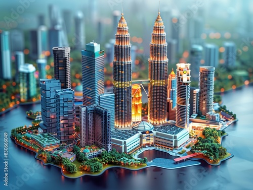 Charming isometric 3D depiction of Kuala Lumpur, showcasing iconic landmarks against a sapphire backdrop, centered perfectly photo
