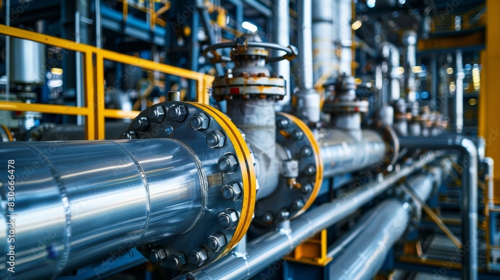 Side view of steel pipelines and cables in an ammonia production plant, detailed pipe rack construction Side view of steel pipelines and cables in an ammonia production plant, detailed pipe rack construction